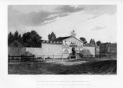 Buitenaanzicht van Astleys Amphitheatre in Londen zoals het verscheen in 1777 door William Capon