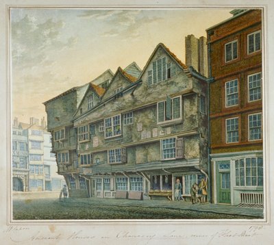 Huizen op de hoek van Chancery Lane en Fleet Street, City of London, 1798 door William Capon