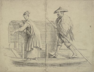 Chinese scène. Man en vrouw op een rivierboot door William Chambers