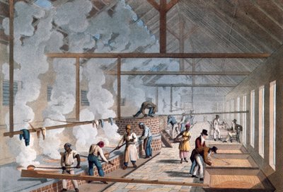 Interieur van een kookhuis op een suikerplantage in Ten Views in the Island of Antigua, waarin het suikerproductieproces en het werk van de negers worden weergegeven door William Clark. 1823. door William Clark