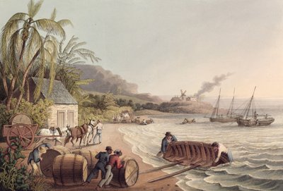 Laden van vaten rum en suiker, Antigua door William Clark