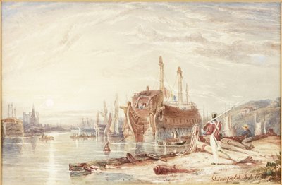 Hulk in de haven van Falmouth (aquarel (verhoogd met wit) op papier) door Clarkson Frederick Stanfield