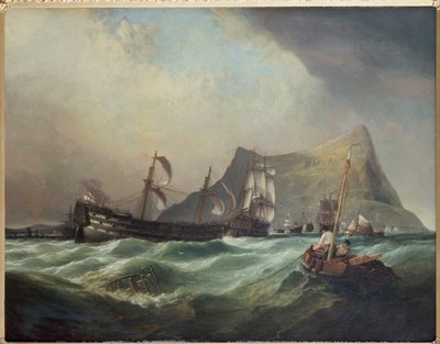 Neptunus, die de Victory naar de Haven van Gibraltar sleept na de Slag bij Trafalgar door Clarkson Frederick Stanfield