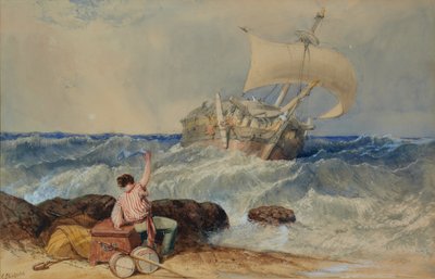 Schip in stormachtige zee door Clarkson Frederick Stanfield