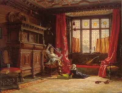 Een ridder in een verduisterd interieur, een vogel op zijn zwaard, 1843 door William Collingwood