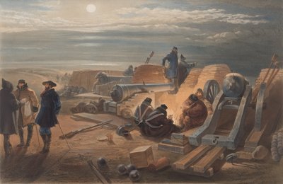Een rustige nacht in de batterijen. Een schets in de Greenhill-batterij door William Crimea Simpson