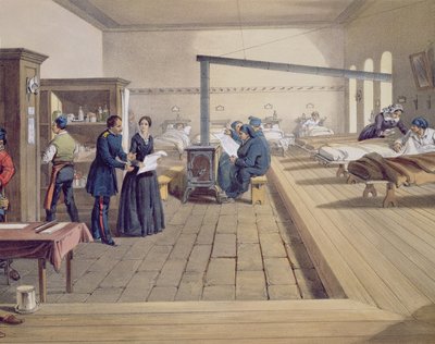 Ziekenhuis in Scutari, detail van Florence Nightingale (1820-1910) op de afdeling, uit The Seat of War in the East, uitgegeven door Paul & Dominic Colnaghi & Co., 1856 (detail) door William Crimea Simpson
