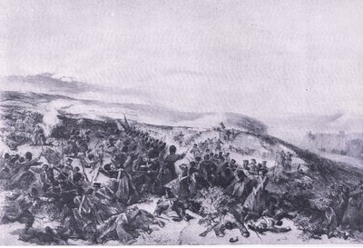 Tweede aanval van de Garde, toen ze de twee kanonbatterijen heroverden bij de Slag om Inkerman, illustratie uit Britse gevechten op land en zee, 1915 door William Crimea Simpson