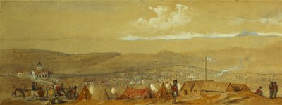De Krim: Panoramisch uitzicht op Sebastopol met de militaire kampen en de haven; en een panoramisch uitzicht op Inkerman met een militair kamp en cavalerie bij zonsopgang door William Crimea Simpson