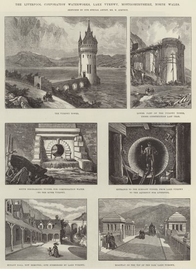 De Waterwerken van de Liverpool Corporation, Lake Vyrnwy, Montgomeryshire, Noord-Wales door William Crimea Simpson