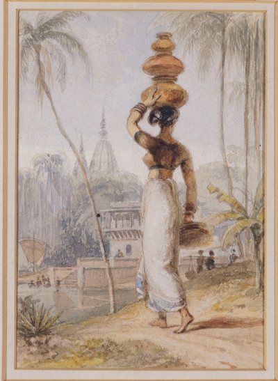 Een hindoevrouw die een waterpot draagt door William Daniell