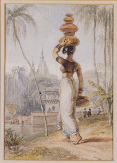 Een hindoevrouw die een waterpot draagt door William Daniell