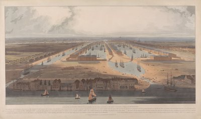 Een blik op de West India Docks door William Daniell