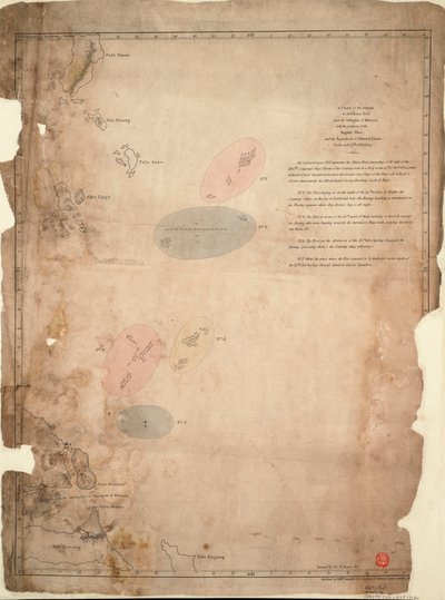 Een kaart van de eilanden in de Zuid-Chinese Zee nabij de Straat van Malakka met de posities van de Engelse vloot en het eskader van admiraal Linois op 14 en 15 februari 1804 door William Daniell