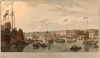 Europese handelsposten (Oost-Indische Compagnieën) in Canton, China. Getekend en gegraveerd door William Daniell, 1805 door William Daniell
