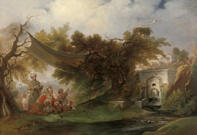 Indisch Landschap met Figuren bij een Stroom door William Daniell