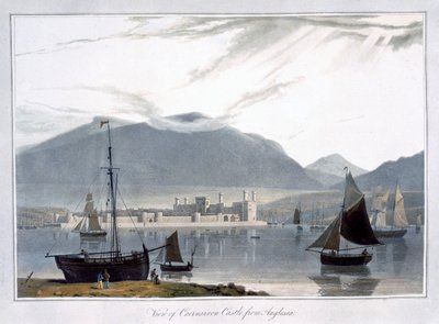Uitzicht op Caernarvon Castle vanaf Anglesea, Wales, 1814 door William Daniell