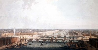 Uitzicht op Londen met de Verbeteringen van de Haven en de dubbele London Bridge. Ingediend bij de Select Committee van het Lagerhuis door William Daniel door William Daniell