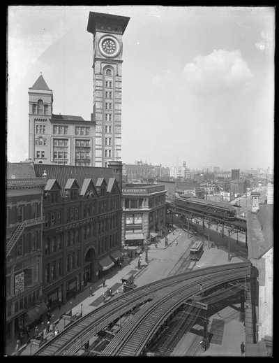 Hooggelegen uitzicht op het kruispunt van Flatbush Avenue en Fulton Street, Brooklyn, New York door William Davis Hassler