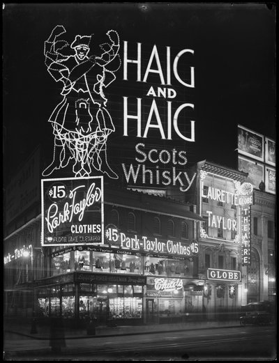 Verlichte reclame voor Haig en Haig Whiskey, New York City, 6 januari 1917 door William Davis Hassler