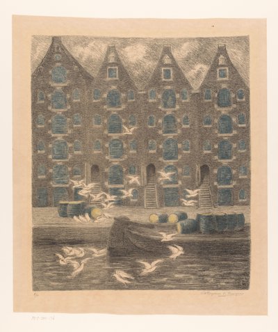 Pakhuizen aan de Brouwersgracht te Amsterdam door William Degouve de Nuncques (signed by artist)
