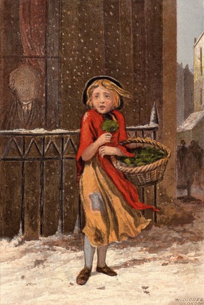 Arm meisje dat waterkers verkoopt op een besneeuwde straat door William Dickes