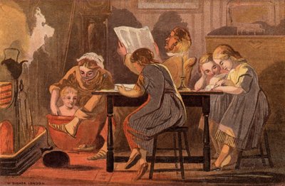 Zaterdagavond: een gezin leest en vermaakt zich 