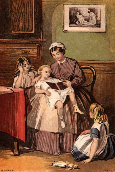 De vriendelijke dienaar: een meid leest voor aan jonge kinderen door William Dickes