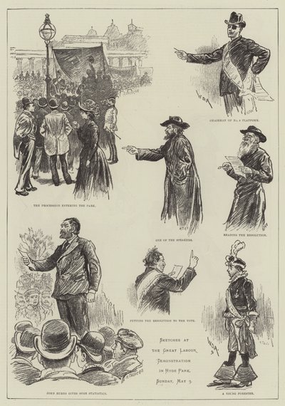 Schetsen bij de grote arbeidersdemonstratie in Hyde Park door William Douglas Almond