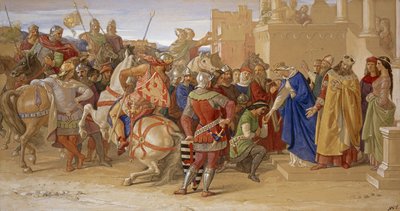 De ridders van de Ronde Tafel op het punt om op zoek te gaan naar de Heilige Graal, 1849 door William Dyce