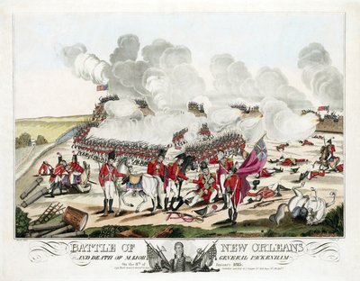 Slag bij New Orleans en dood van Generaal-majoor Packenham op 8 januari 1815, uitgegeven 1815 door William Edward (after) West