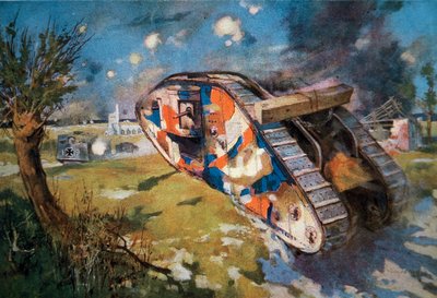 Gecamoufleerde Britse Mk IV tank in actie tegen een Duitse tank in WO1, illustratie gepubliceerd in 