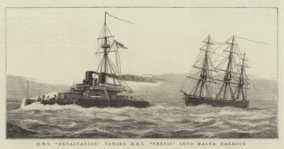 HMS Devastation sleept HMS Thetis naar de Haven van Malta door William Edward Atkins