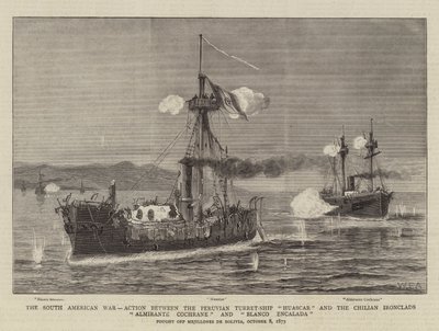 De Zuid-Amerikaanse oorlog, actie tussen het Peruaanse torpedoschip Huascar en de Chileense ijzeren schepen Almirante Cochrane en Blanco Encalada door William Edward Atkins