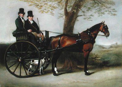 Twee heren in een gig getrokken door een bay cob op weg naar de jacht met hun pointer door William Edward Frost