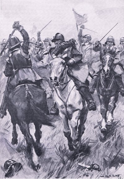 Het cavaleriegevecht bij Dunbar 3 september 1650, illustratie uit Britse gevechten op land en zee, 1915 door William Edward Stott