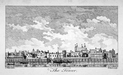 Zuidelijk uitzicht op de Tower of London met boten op de rivier de Theems, 1761 door William Elliot