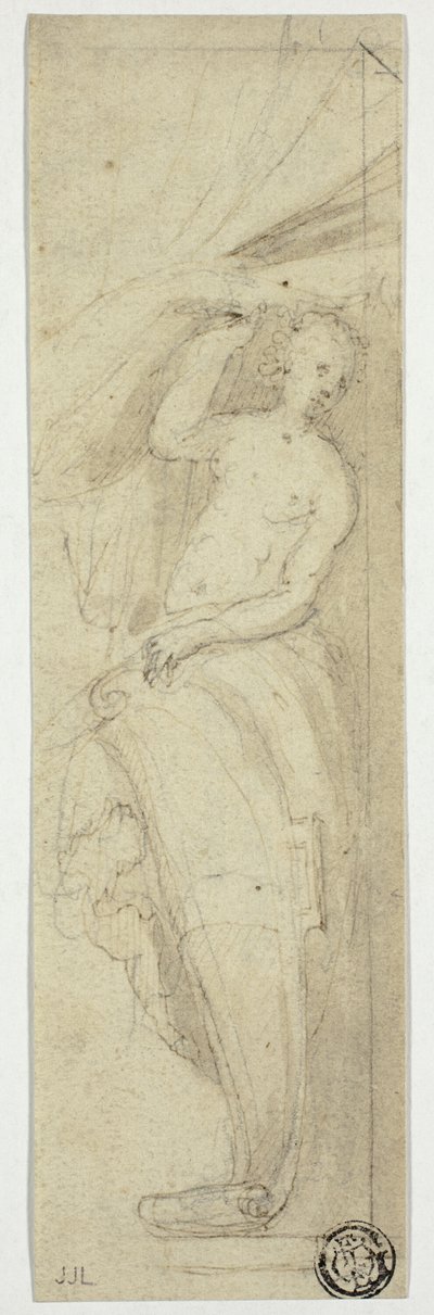 Vrouwelijke figuur trekt gordijn weg door William Etty