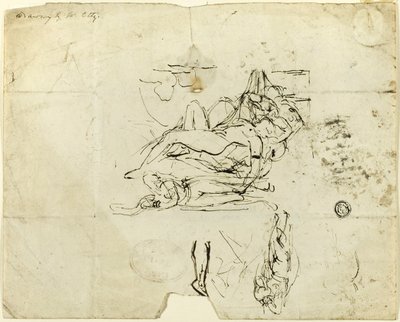 Schetsen van liggende vrouwelijke naakt en verliefd stel door William Etty