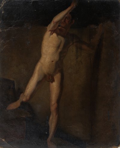 Staande mannelijke naakt, opgeheven rechterarm, rechtervoet rustend op blokken door William Etty