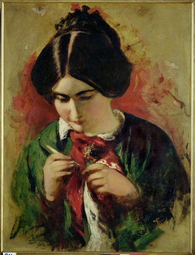 Studie voor de haakwerkster, Miss Mary Ann Purdon (olieverf op paneel) door William Etty