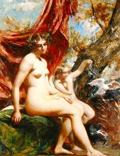 Venus en Cupido met een Duif door William Etty