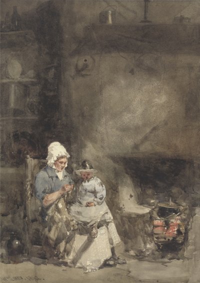 Een vrouw en kind bij een haard, 1842 door William Evans