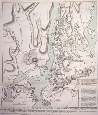 Plan van New York Island met een deel van Long Island, Staten Island en Oost New Jersey en het gevecht op de Woody Heights van Long Island tussen de Britse troepen onder bevel van generaal Sir William Howe door William Faden