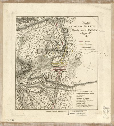 Plan van de Slag bij Camden, 16 Augustus door William Faden