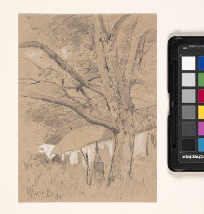 Landschap met schildersezel en paraplu door William Forsyth