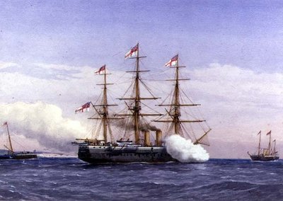 H.M.S. Bacchante met H.M. Jacht Osborne door William Frederick Mitchell