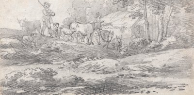 Landschap met figuren en vee door William Frederick Wells