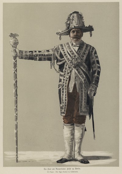Koninklijke portier in galakostuum op een feest aan het keizerlijke Duitse hof in Berlijn (gekleurde gravure) door William Friedrich Georg Pape