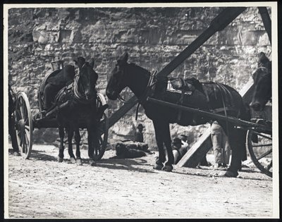 Horizontale zwart-witfoto van twee door paarden getrokken wagens bij een steengroeve door William G. Swekosky